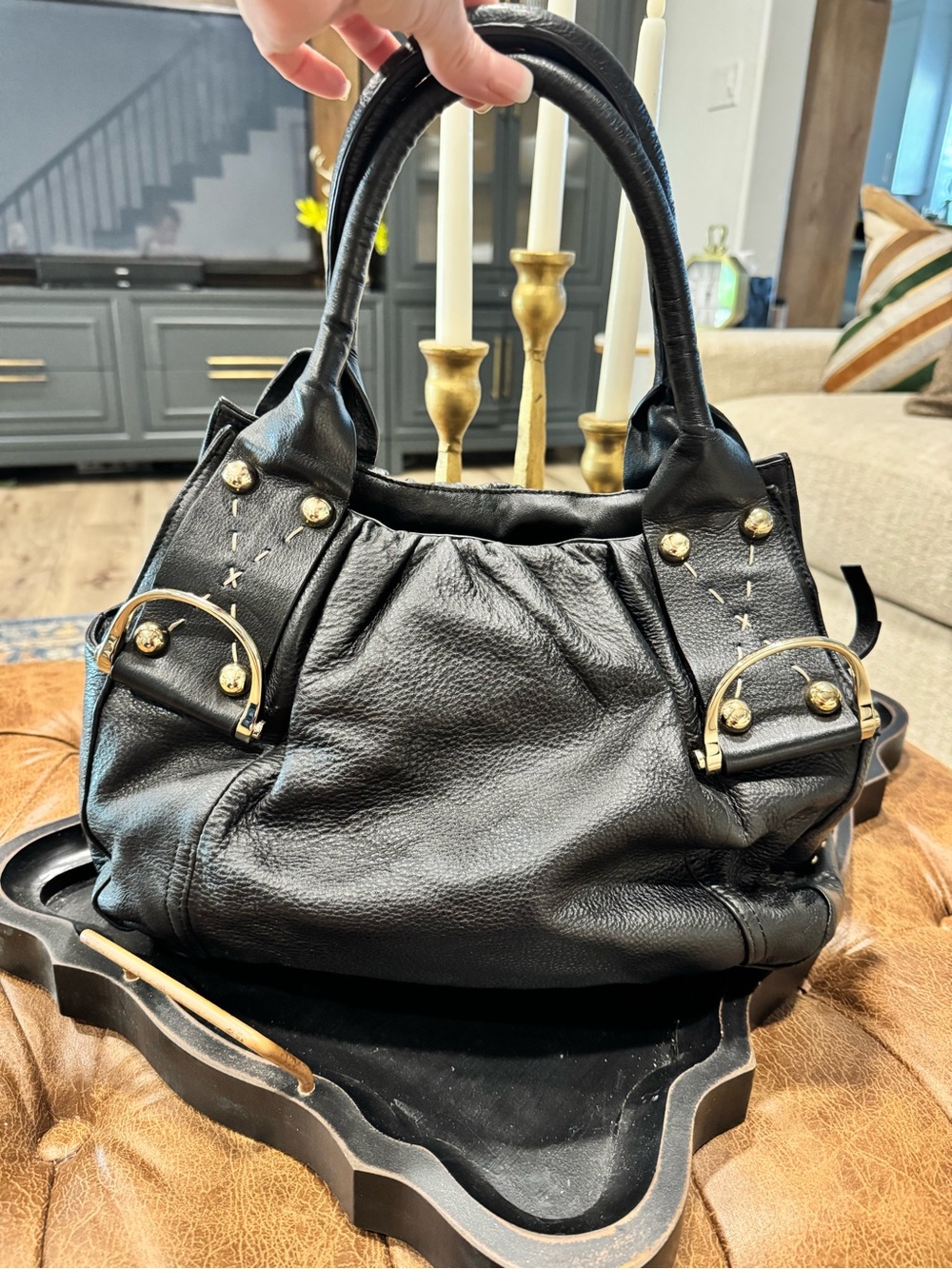Charles David Black Leather Shoulder Bag with Gold Accents 100% leather